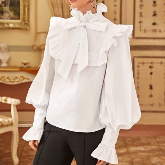 NWOT Victorian Tie Neck Lantern Sleeve Ruffled Blouse XS(2) - Picture 3 of 7